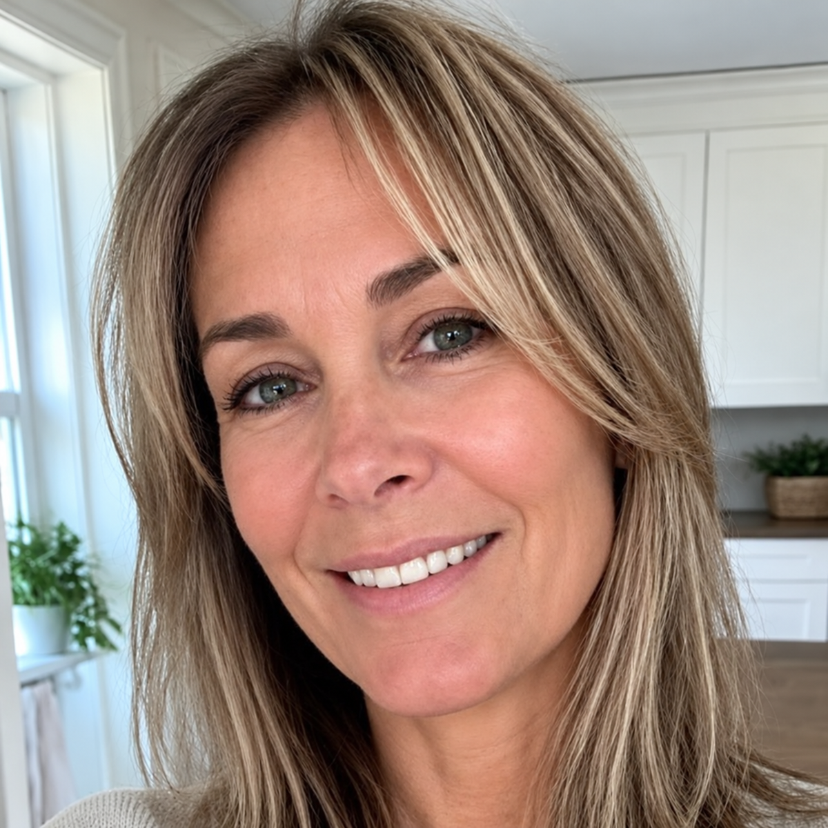 Smiling mature woman with natural skin texture in soft daylight