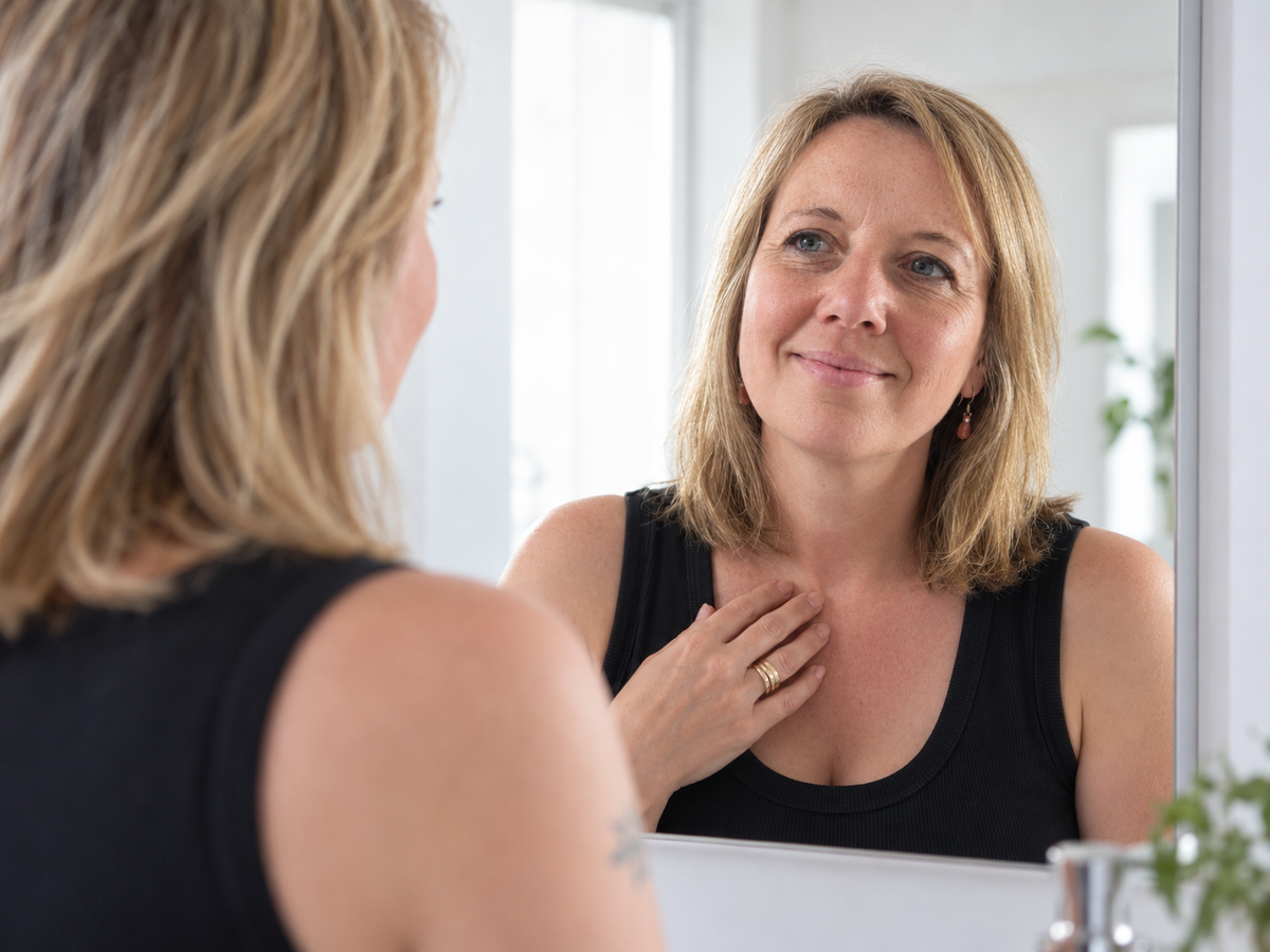 Woman over 50 seeing fine lines in the mirror